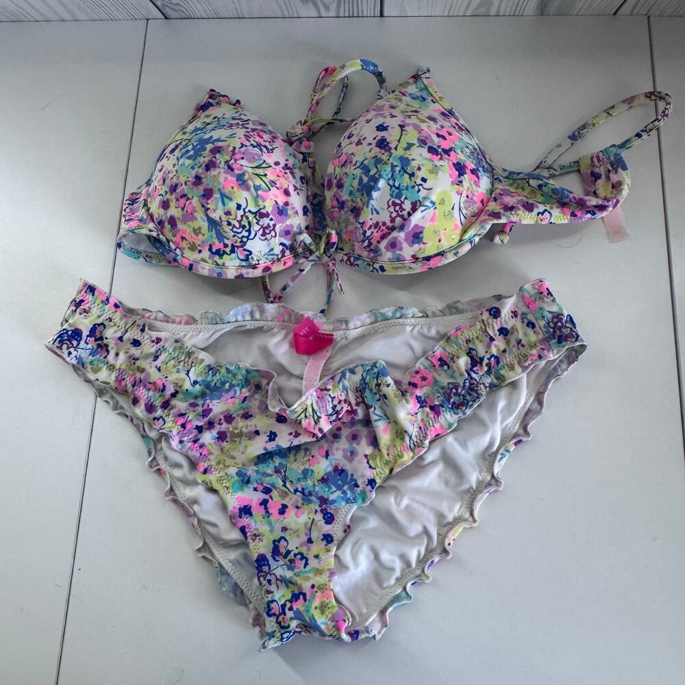 Victorias Secret Neon Push Up Bra Ruffle Bikini Abstract Size Small